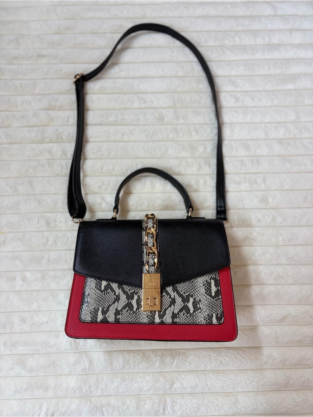 Black & Red Snake-Print Top Handle Crossbody Bag